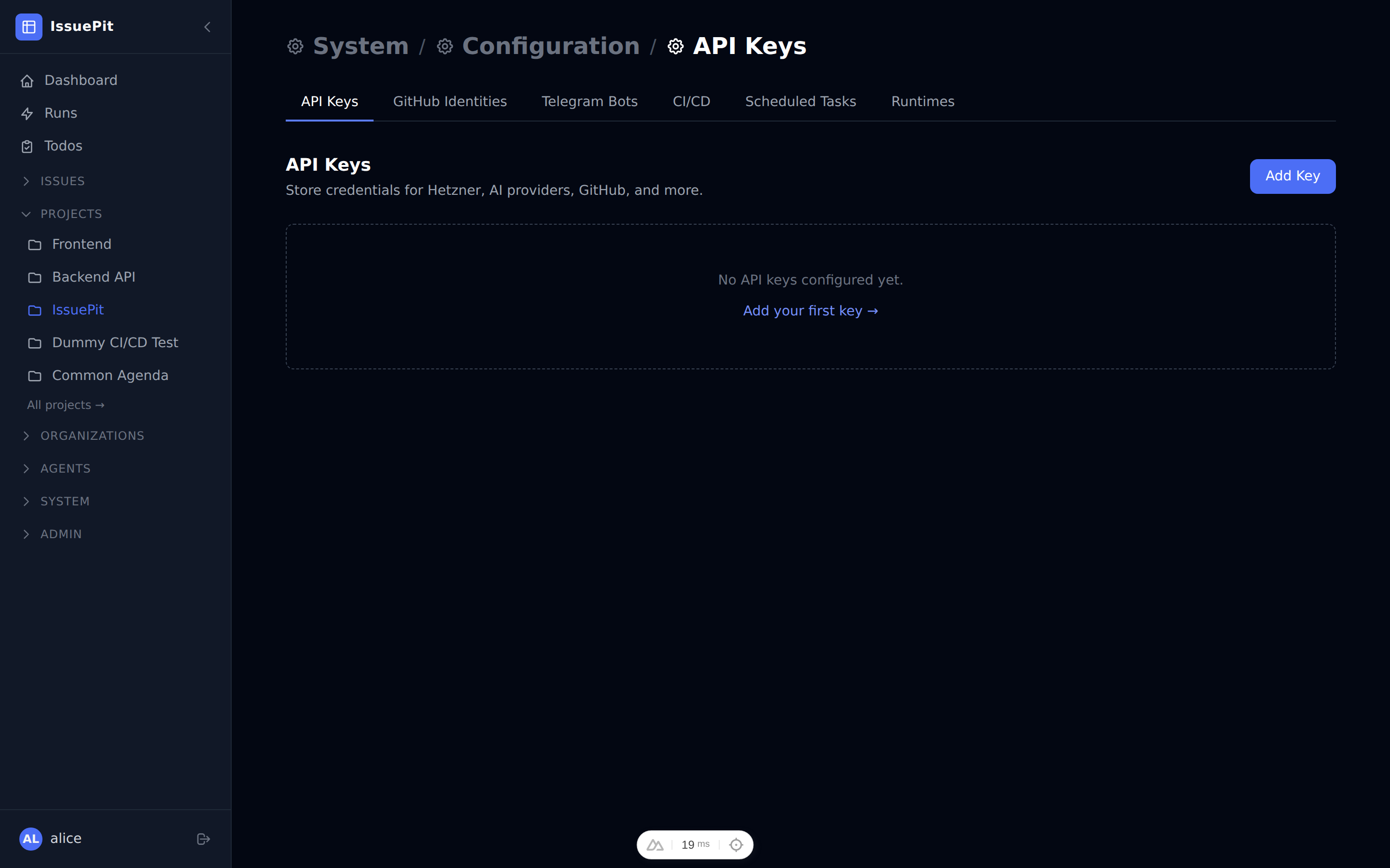 API Keys configuration page