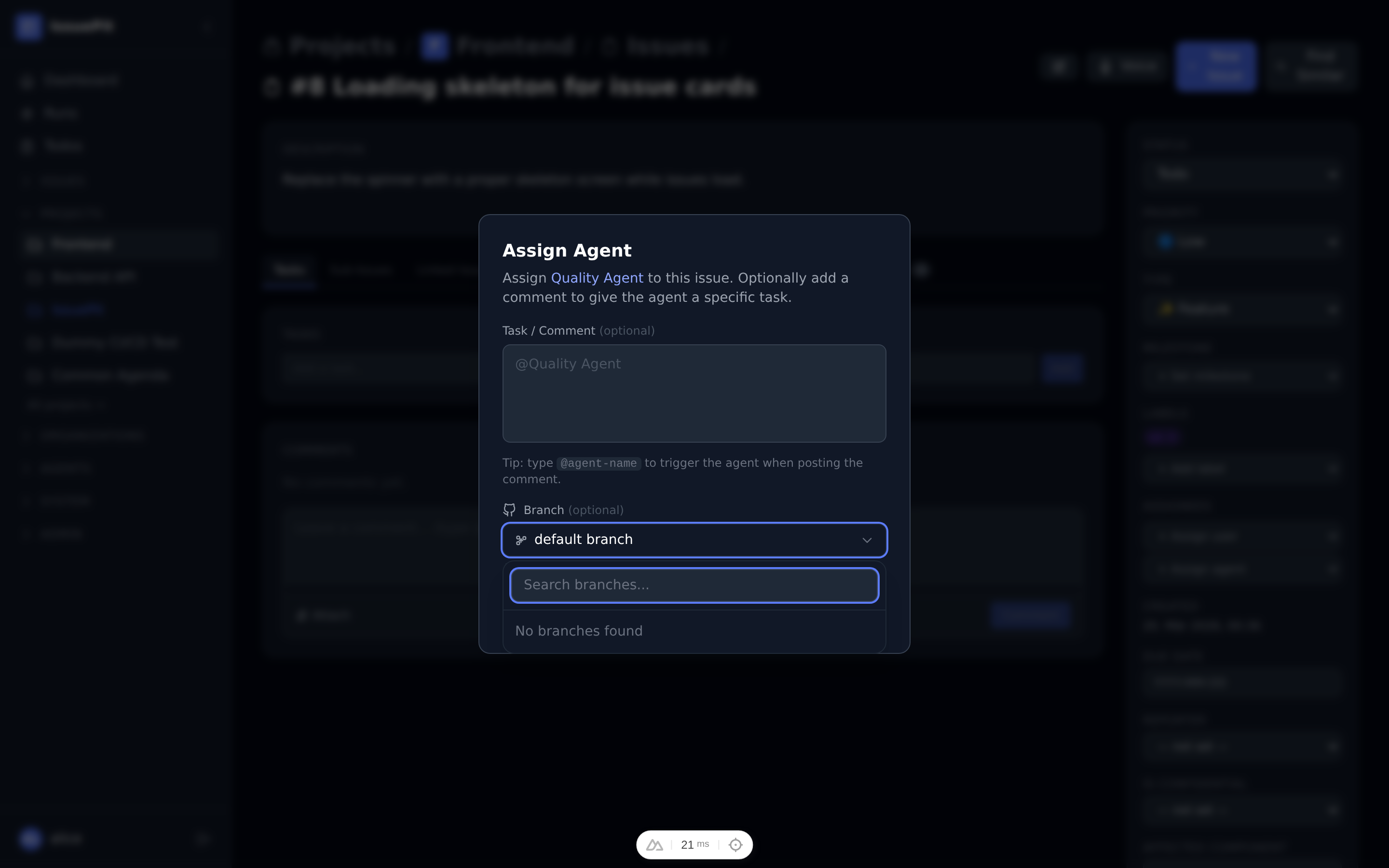 Assign Agent modal with branch selector