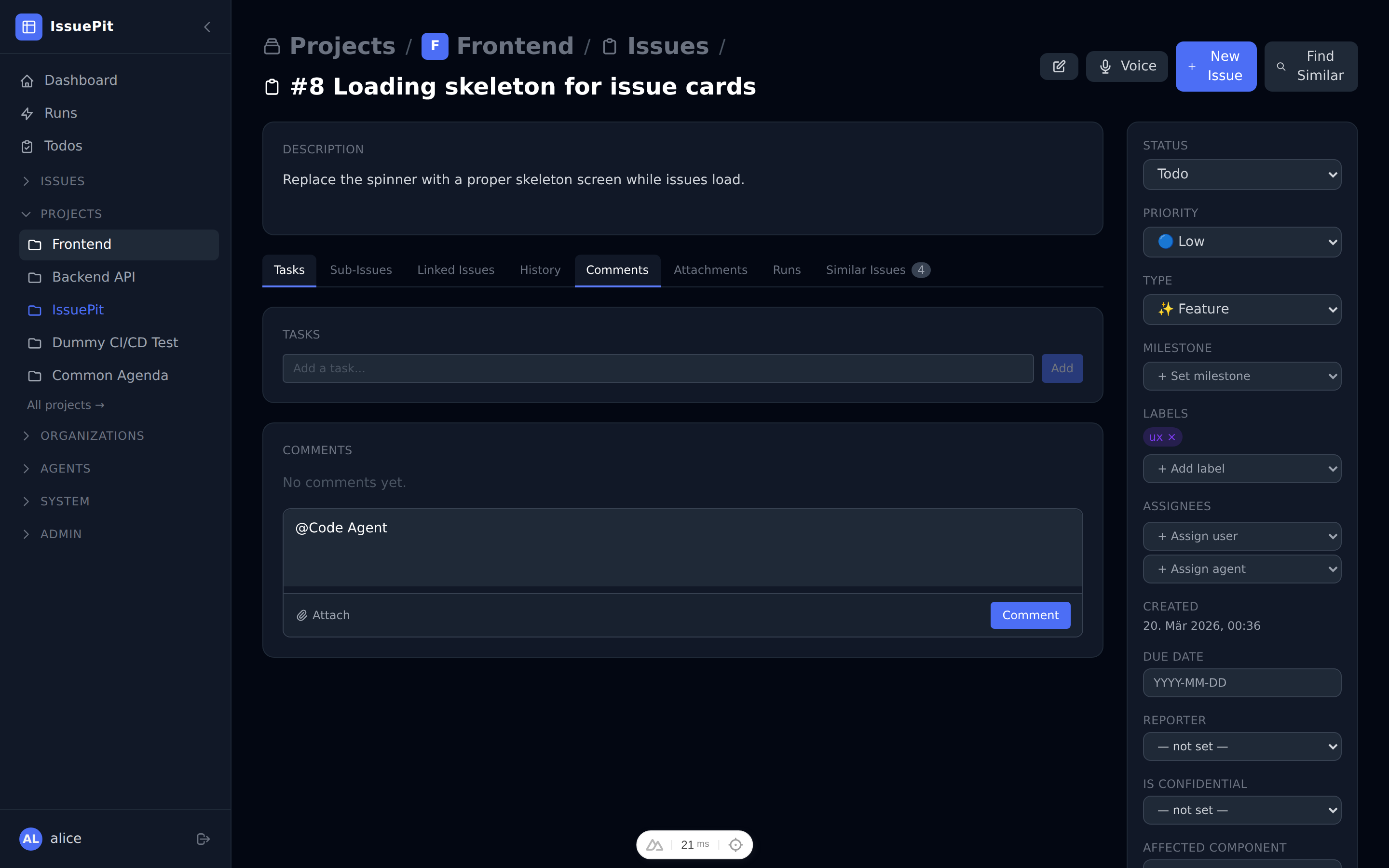 Branch selector visible in comment footer after typing an @mention
