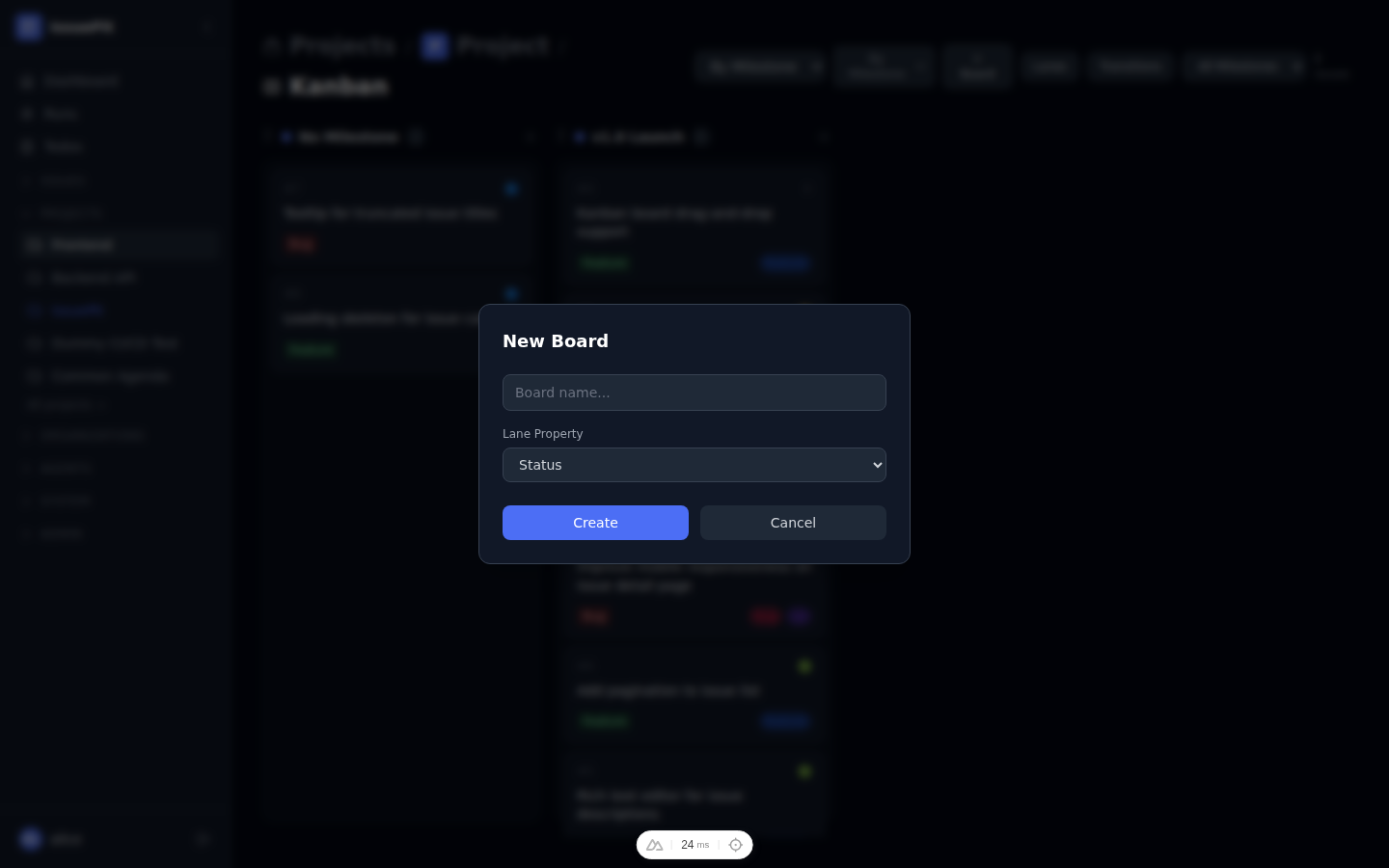 New board dialog — lane property selector