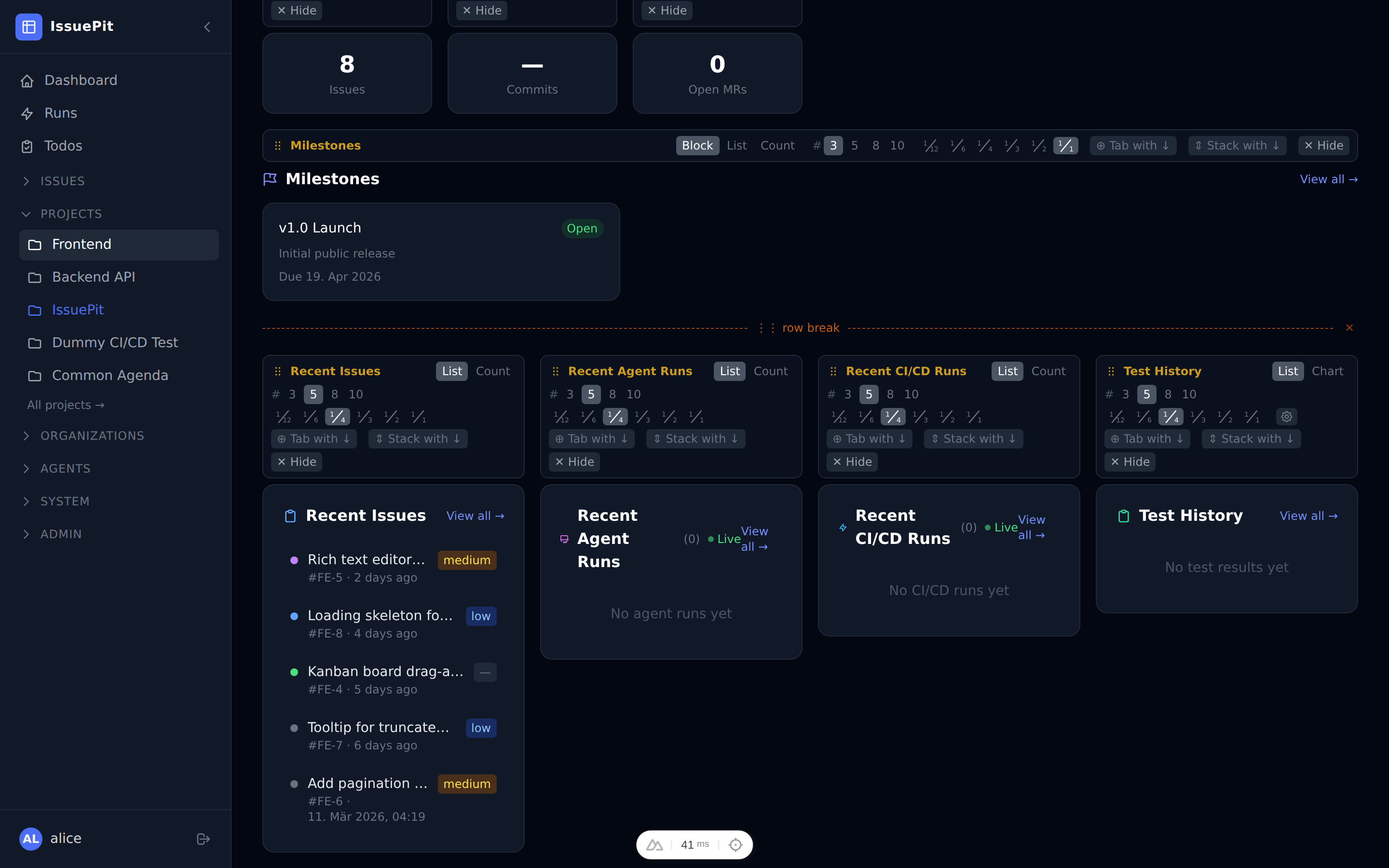 Project dashboard in draft/customize mode