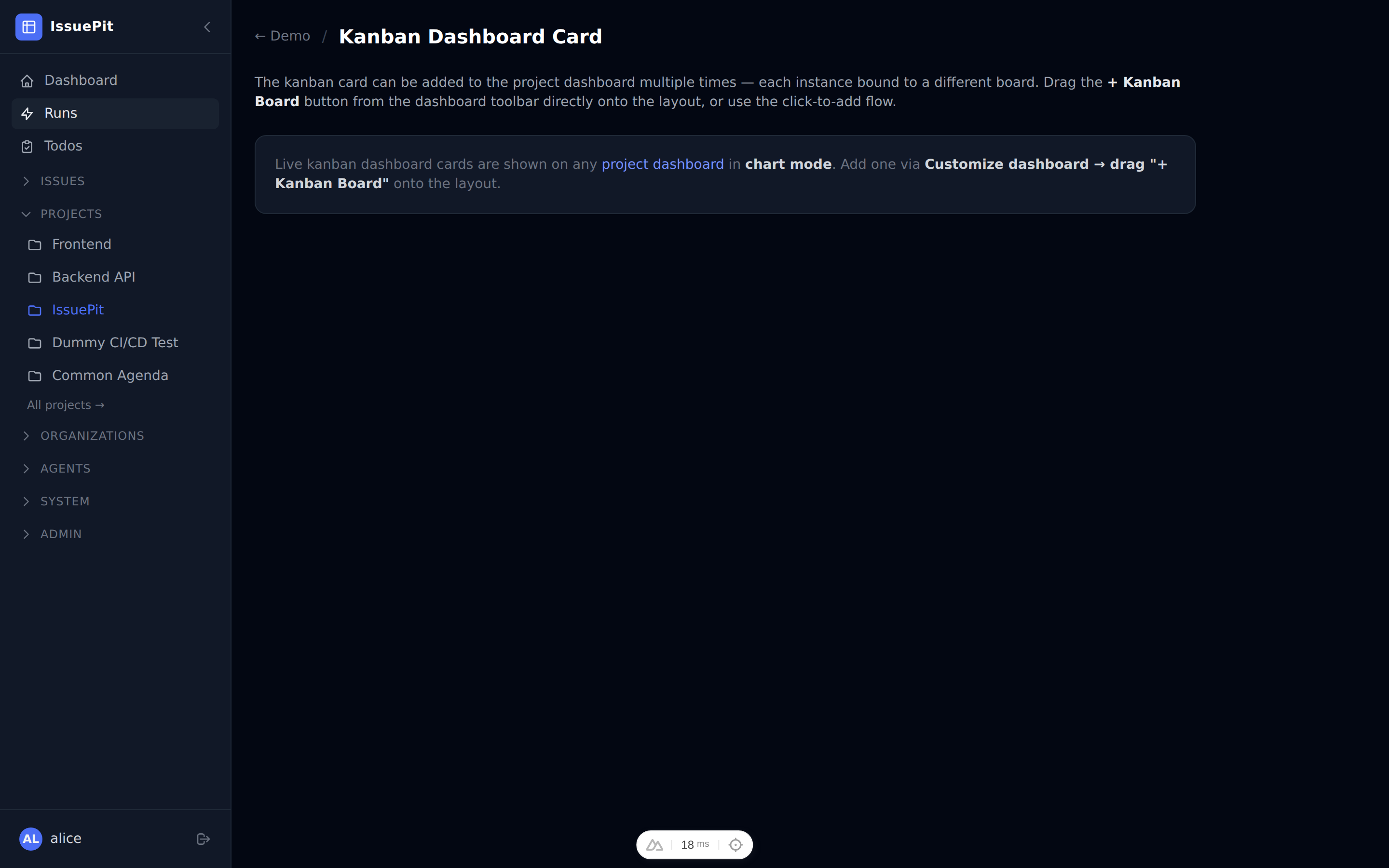 Dashboard kanban card