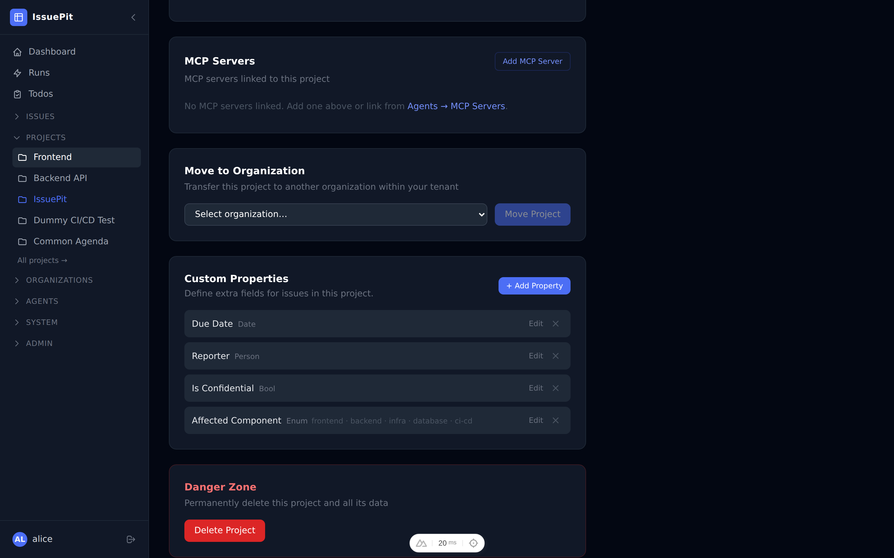 Custom properties list in project settings