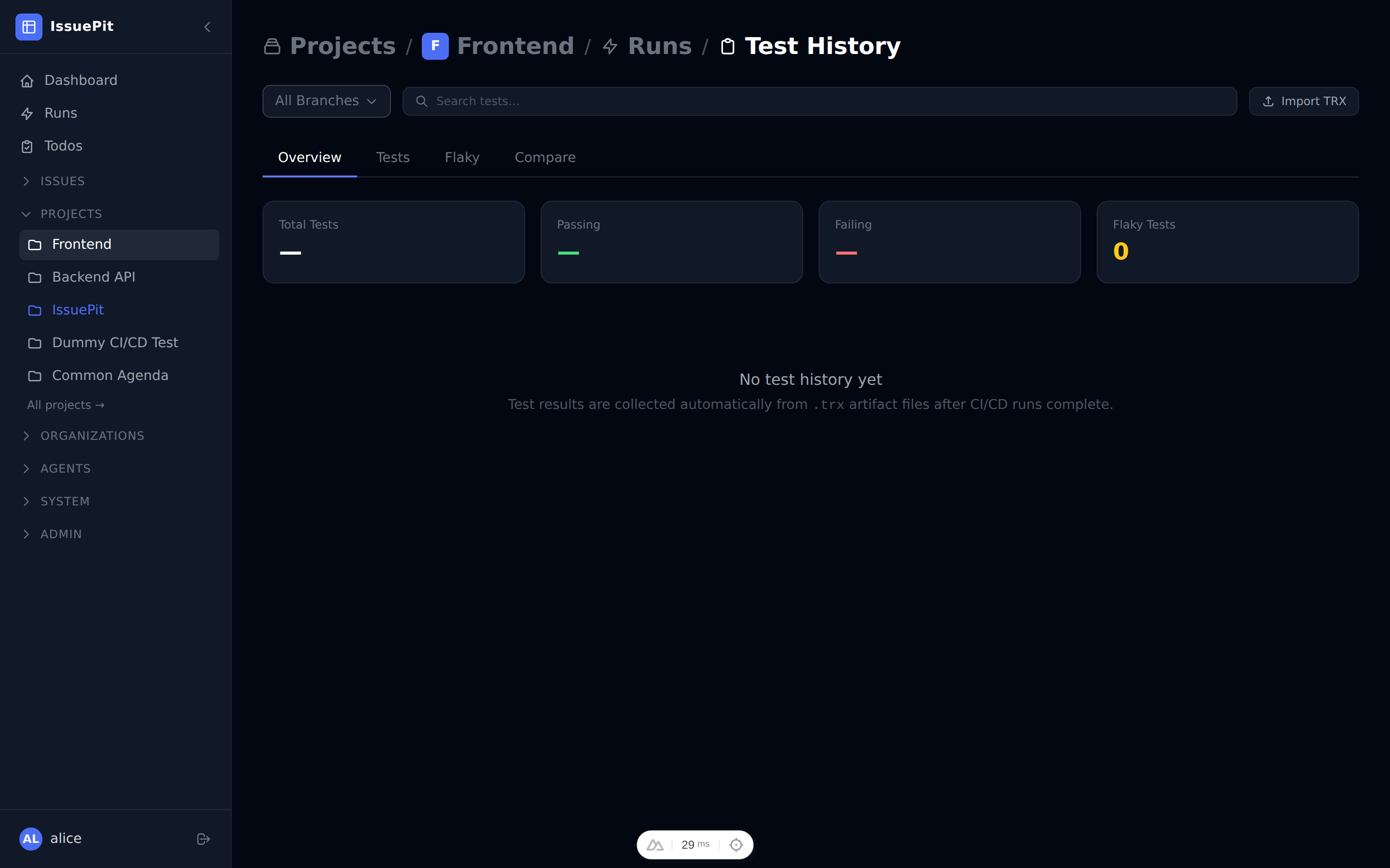 Test history overview